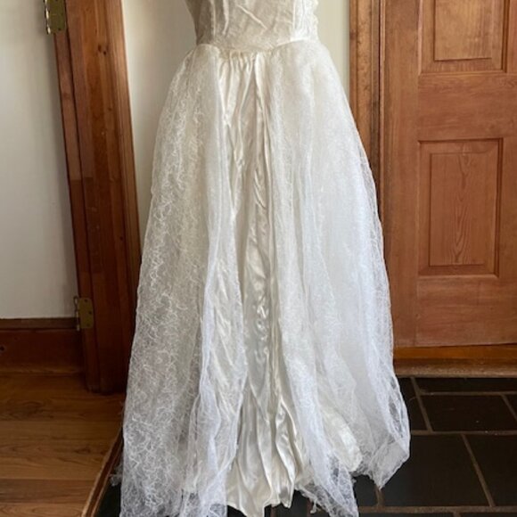 VINTAGE HANDMADE 1959 Princess Empire Waist Satin Lace Wedding Dress Small - Picture 4 of 17
